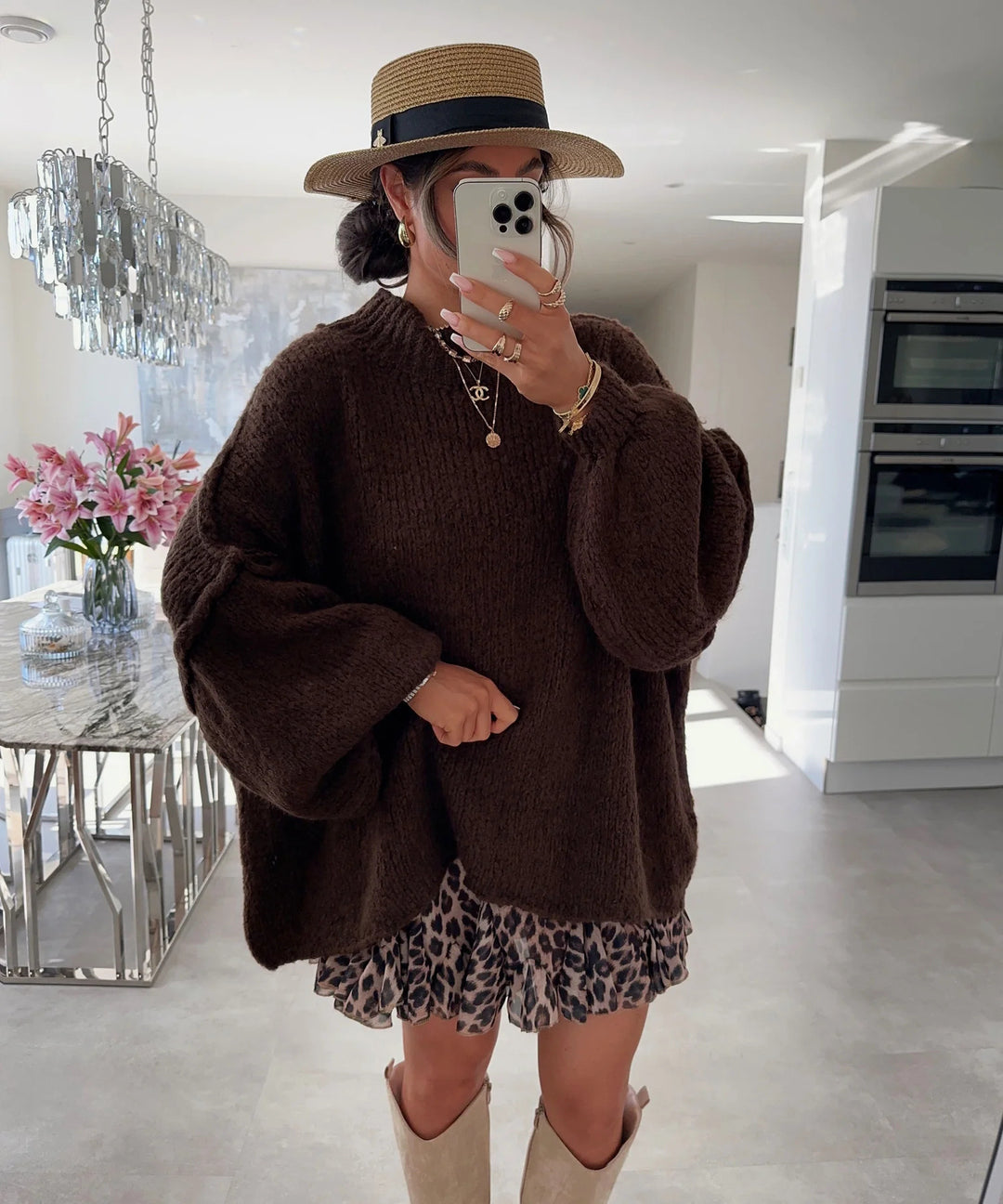 Damen oversized Strickpullover mit hohem Kragen und Ballonärmeln Drune