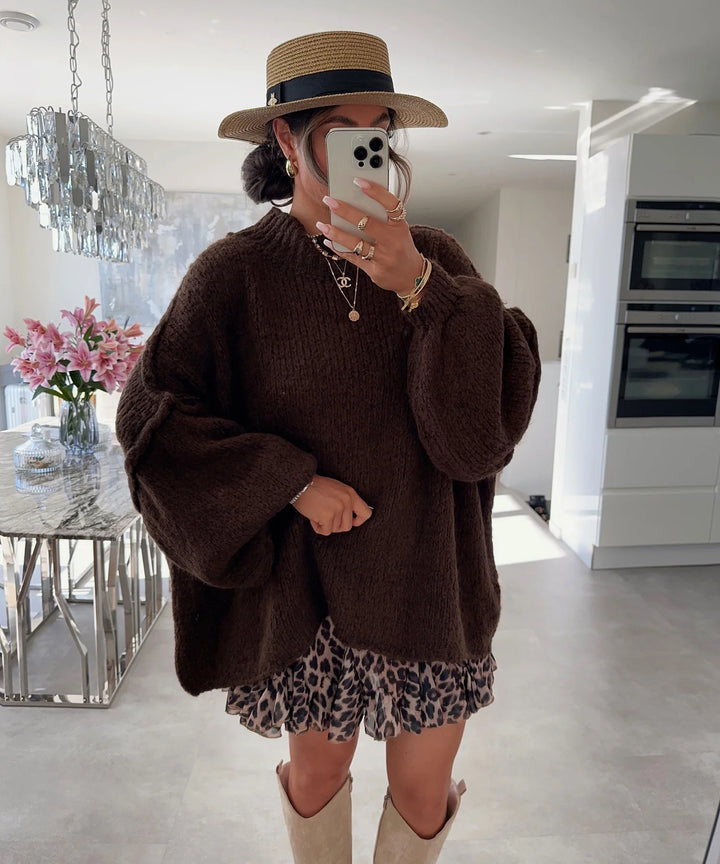 Damen oversized Strickpullover mit hohem Kragen und Ballonärmeln Drune
