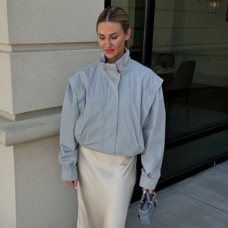 Damen Cropped Übergangsjacke mit Stehkragen und betonter Schulterpartie Drune