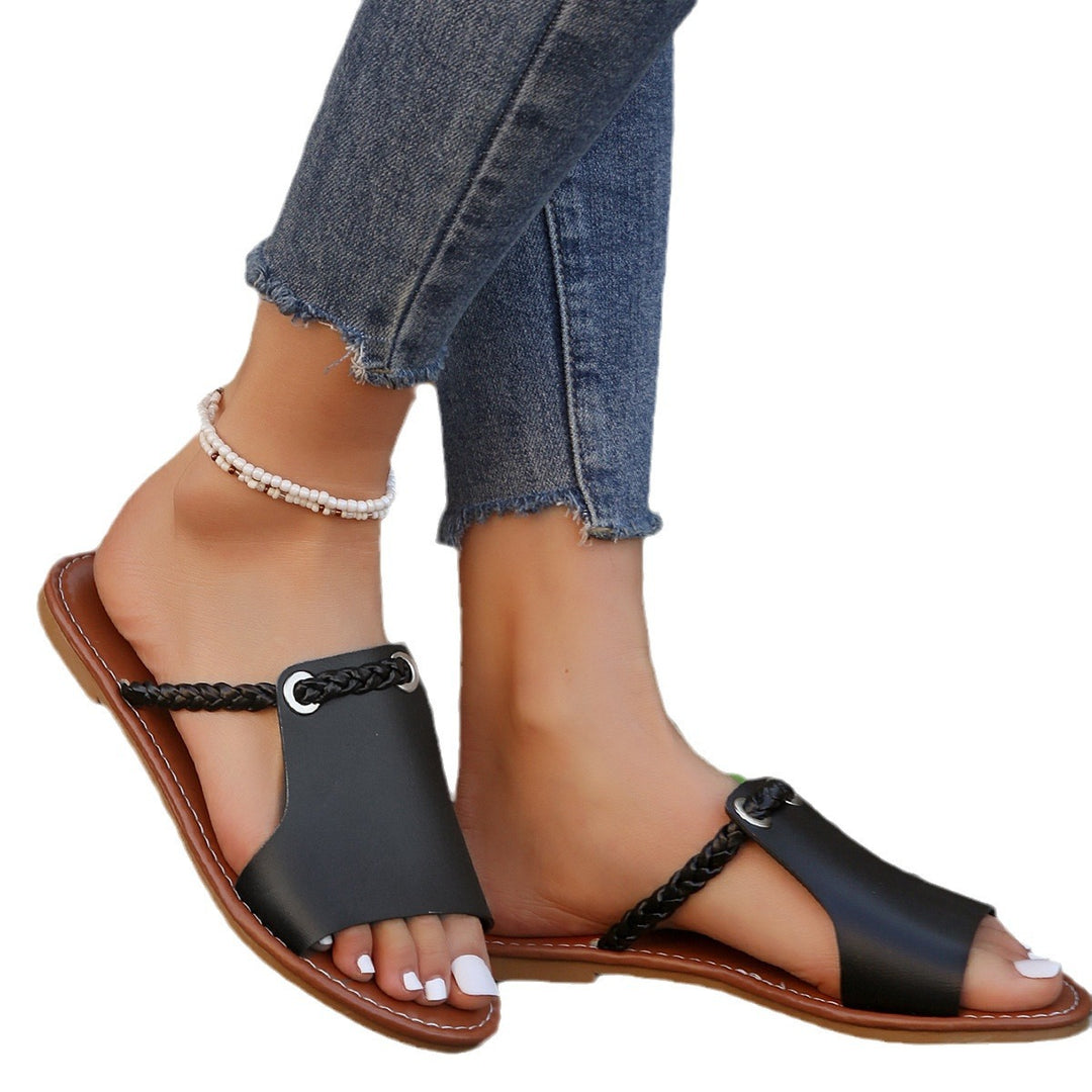 Damen nan elegante flache Pantolette mit breitem Obermaterial und geflochtenem Zehenriemen Drune