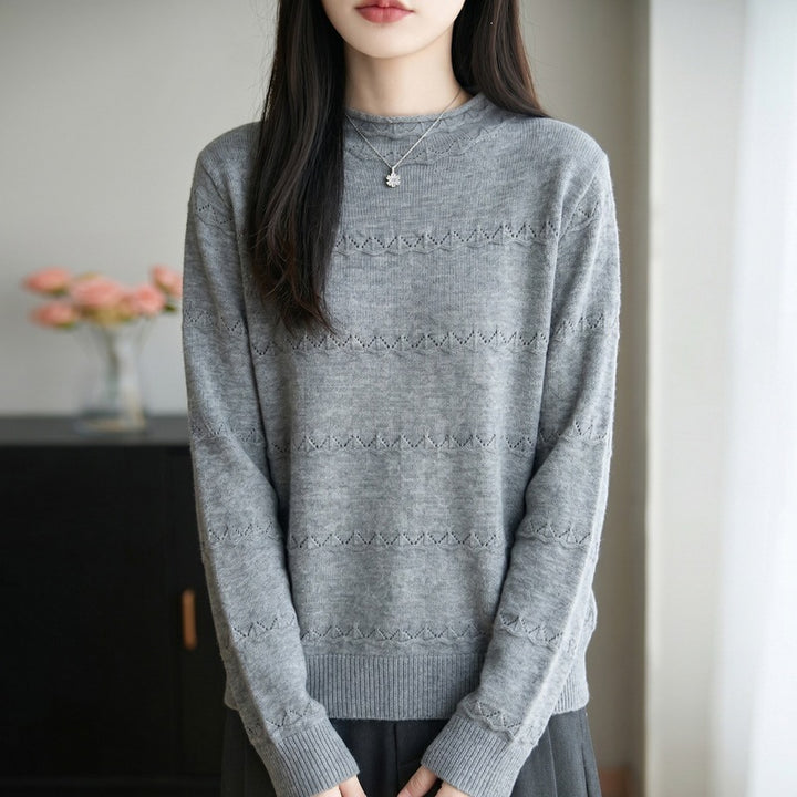 Damen Leichter Ajourstrick-Pullover mit kurzem Stehkragen und feinem Rippsaum Drune