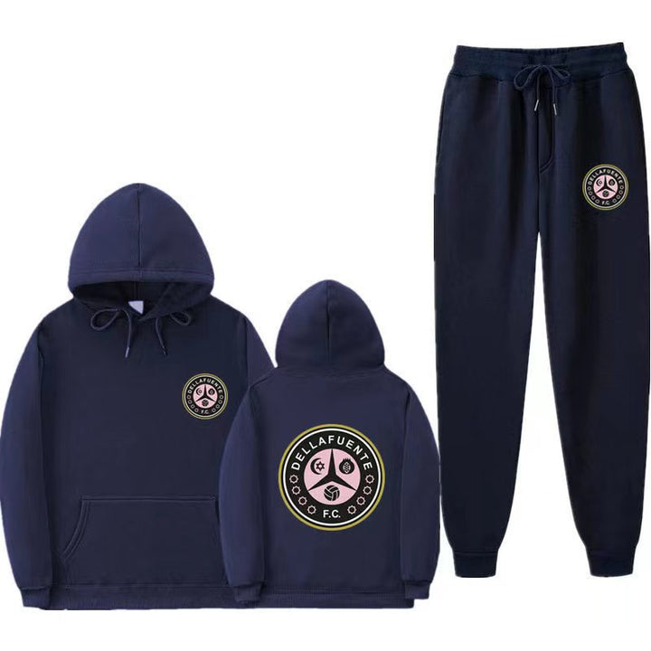 Damen bequeme Freizeit-Lounge-Anzug mit Kängurutasche und modernem Logo Drune