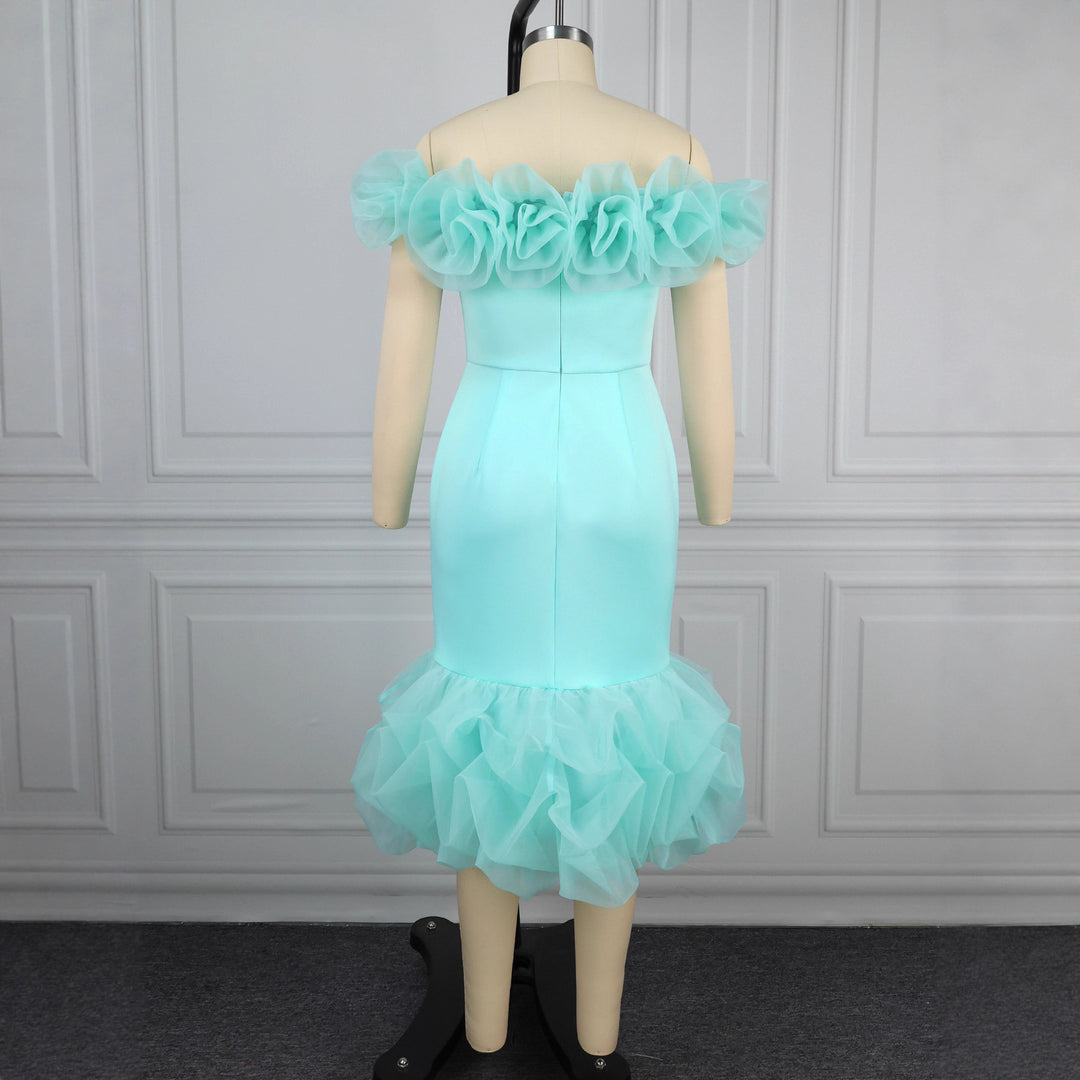 Damen Off-Shoulder Kleid mit voluminösen Rüschen Drune