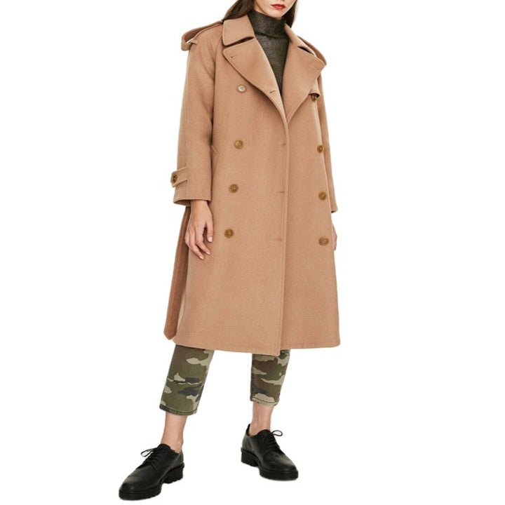 Damen Midilanger Doppelreihiger Wollmix‑Trenchcoat mit Epauletten und Taillengürtel Drune