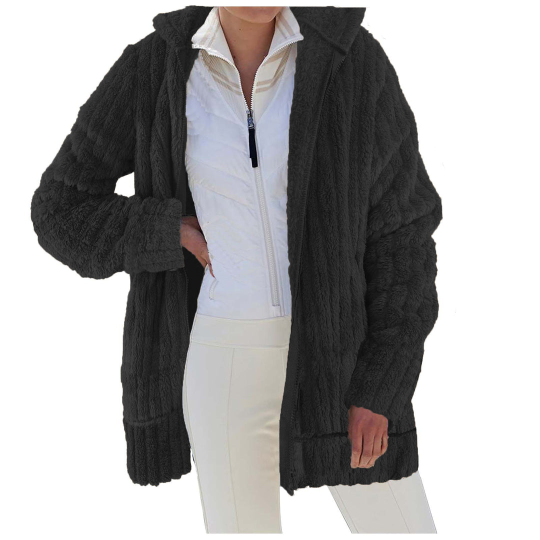 Damen Oversize Teddy‑Fleece Kapuzenmantel mit Rippbündchen und Eingrifftaschen Drune