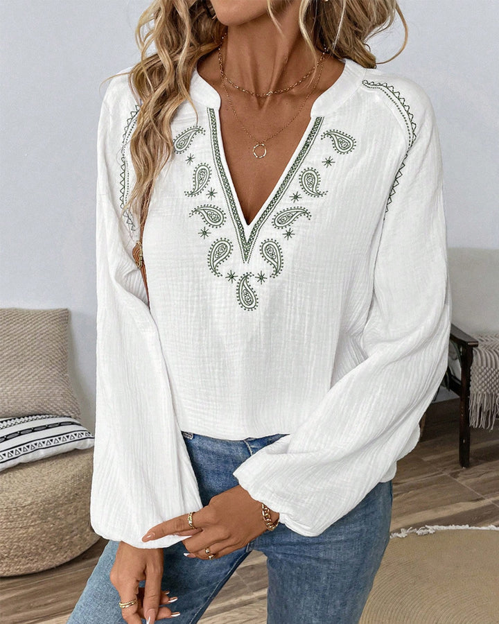 Damen nan bestickte Baumwoll-Gauze Tunika-Bluse mit ornamentaler V-Ausschnitt-Stickerei und Trompetenärmeln Drune