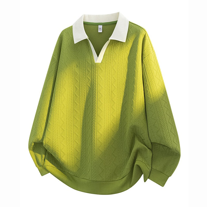 Herren Oversize Strick-Polo mit Strukturstrick, offenem V‑Ausschnitt und geripptem Kragen Drune