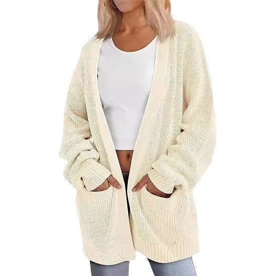 Damen lässige Strickjacke mit weiten Ärmeln und tiefem V-Ausschnitt Drune