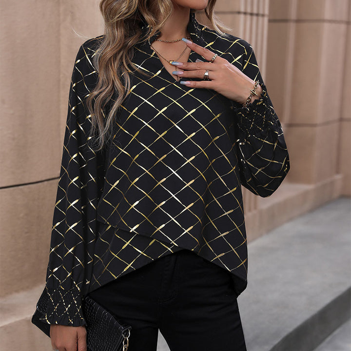 Damen Elegante Bluse mit geometrischem Muster und Rüschen Drune