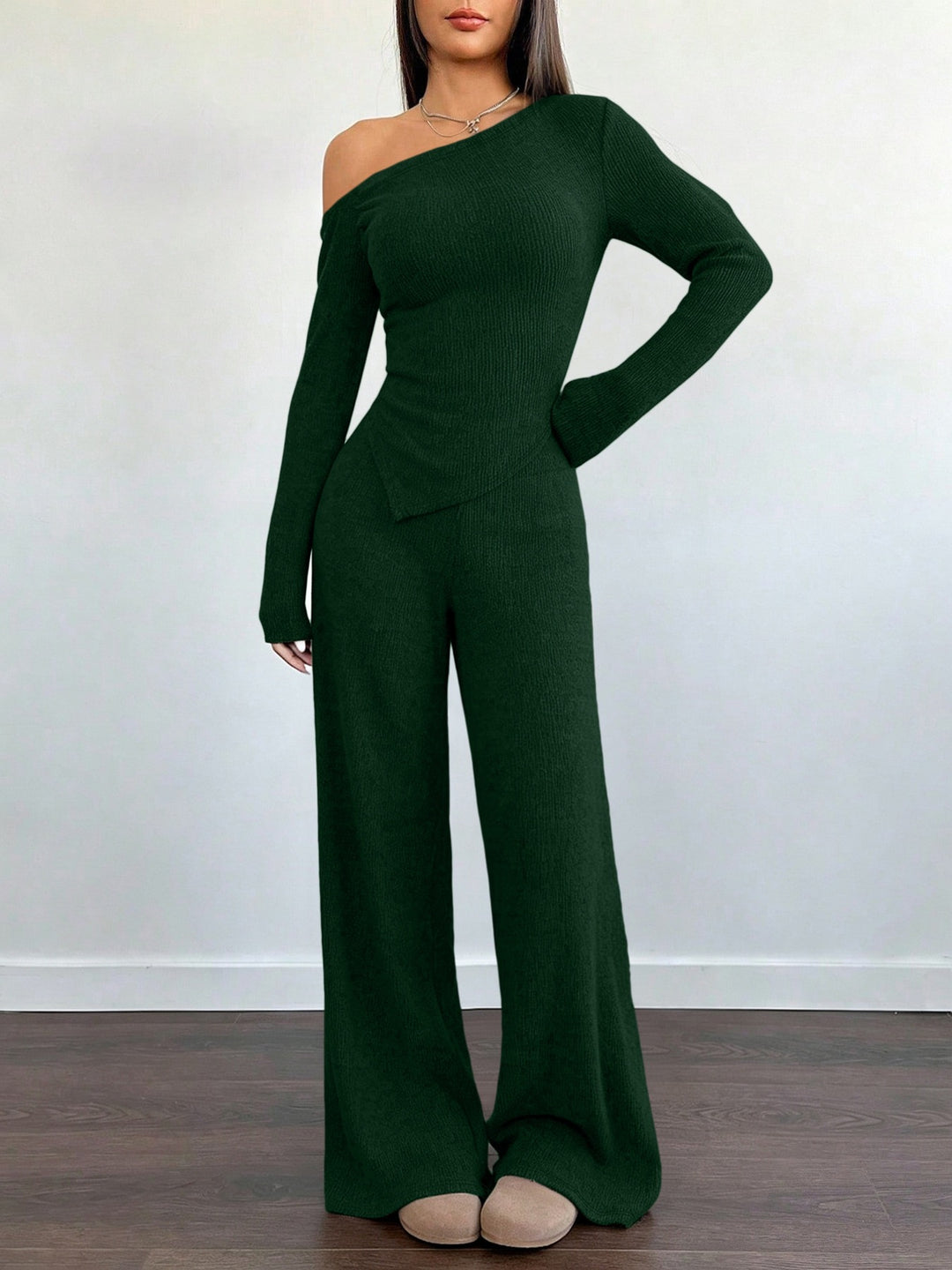 Damen Asymmetrisches Strick-Lounge-Set mit One-Shoulder-Oberteil und weitem Bein Drune