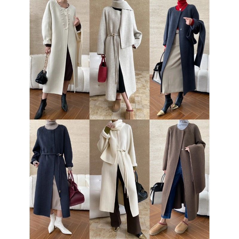Damen eleganter Wickelmantel mit großzügigem Kragen und praktischem Gürtel Drune