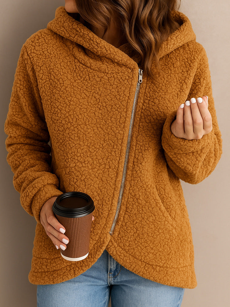 Damen Flauschige Kapuzenjacke mit asymmetrischem Reißverschluss Drune