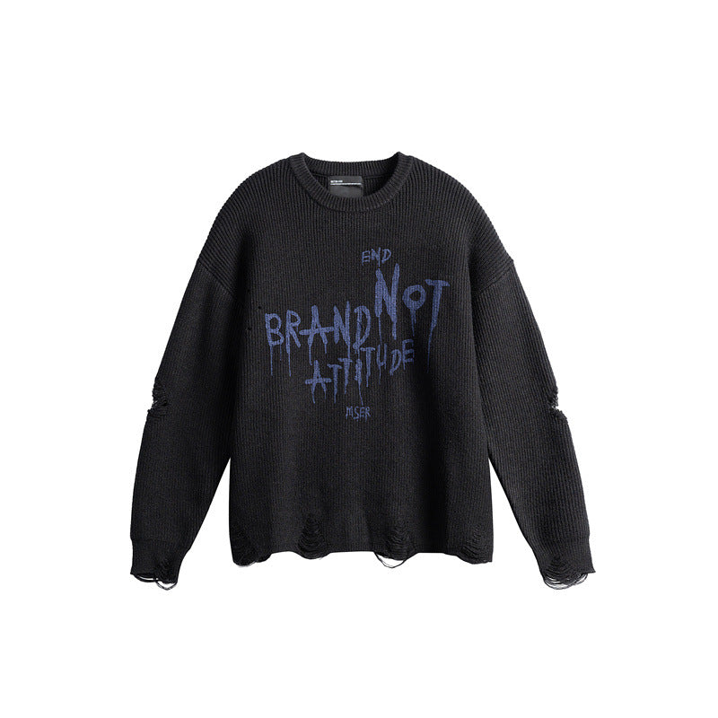 Unisex Oversize Strickpullover mit Destroyed Details und Statement Print Drune