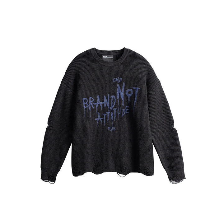 Unisex Oversize Strickpullover mit Destroyed Details und Statement Print Drune