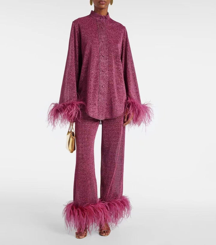 Drune | Herbst Winter Feder Stehkragen Langarmoberteil und Hosen Set