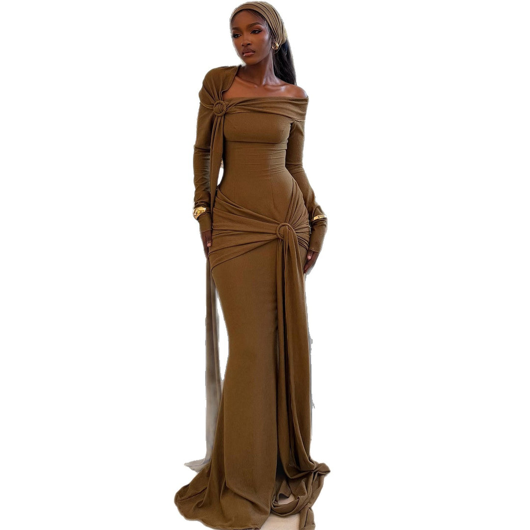 Damen Langärmliges Abendkleid mit asymmetrischem Schnitt und raffinierten Drapierungen Drune