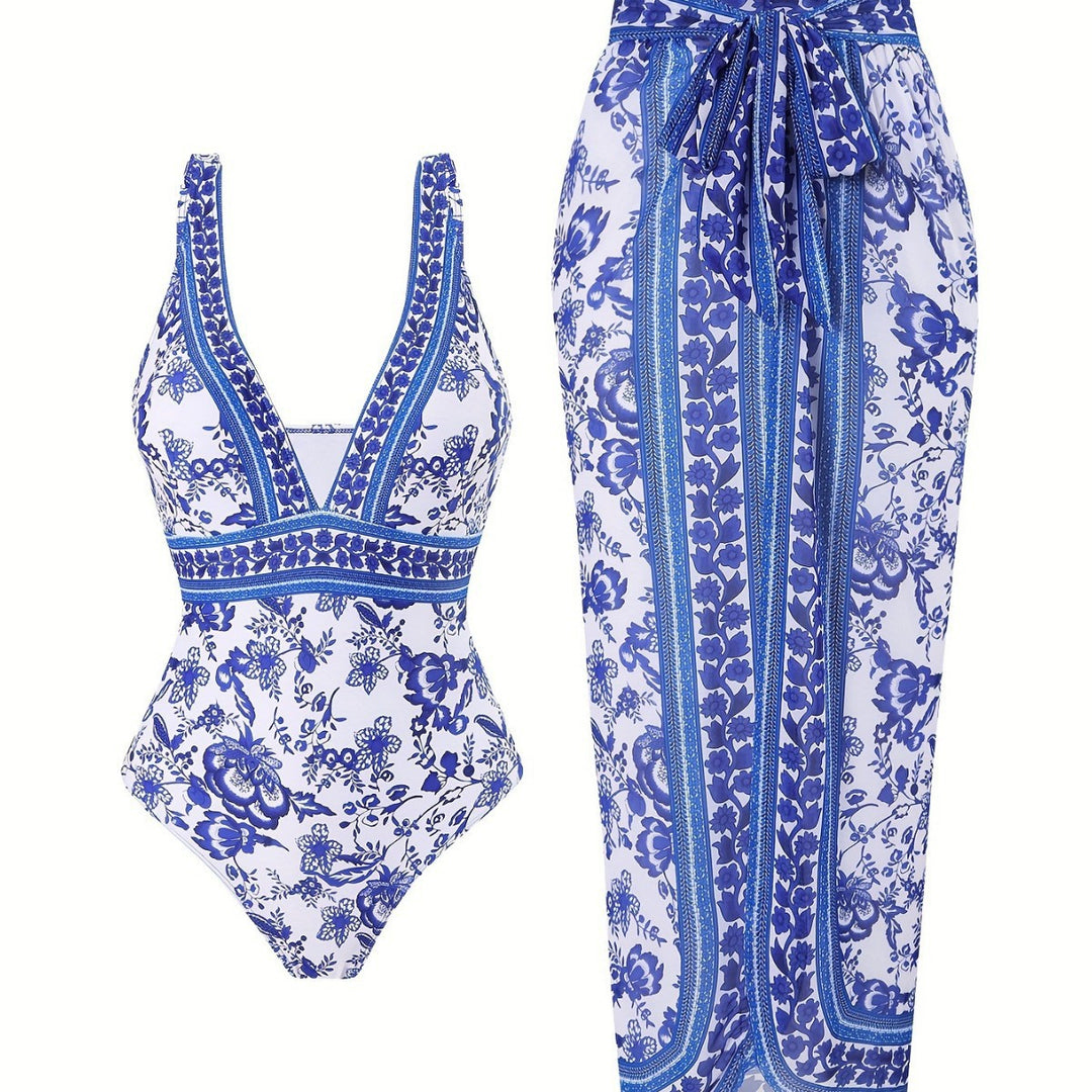 Damen eleganter Einteiler Badeanzug mit passendem Wickelrock Drune