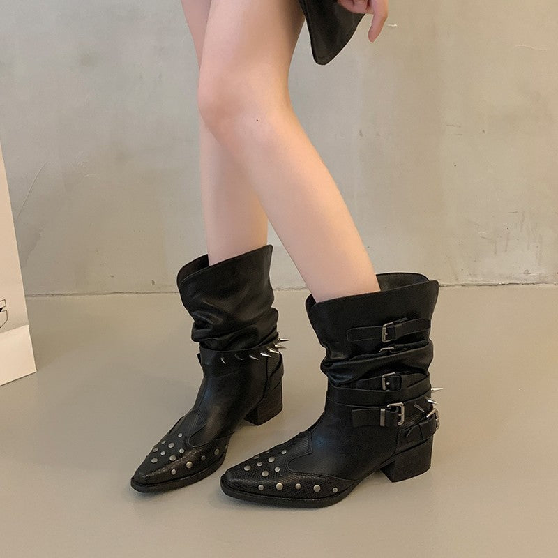 Damen Modische Stiefeletten mit Schnallen und Nieten Drune