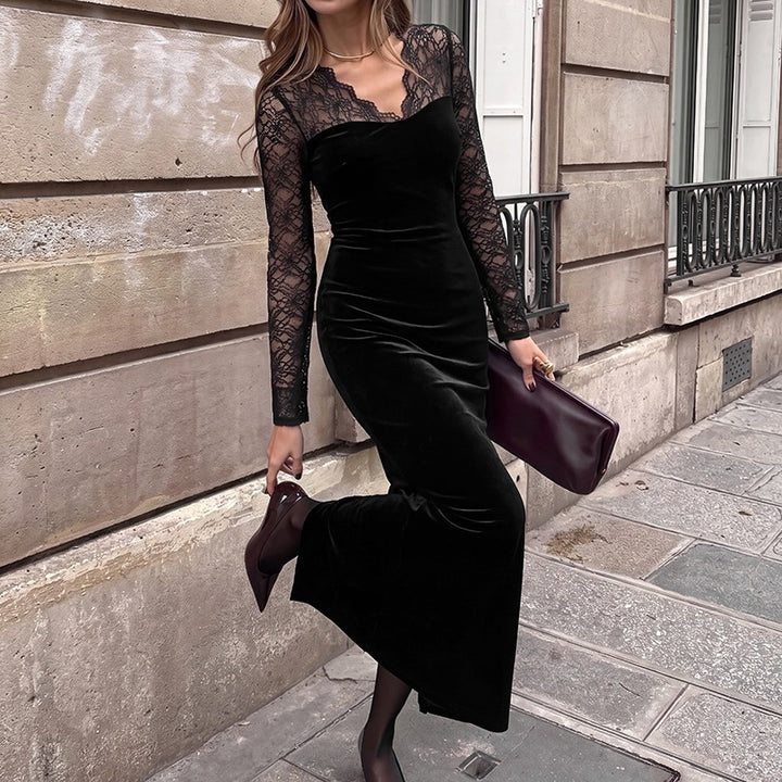 Damen Abendkleid mit transparenten Spitzenärmeln, Samtrock und Illusions‑Herzausschnitt Drune