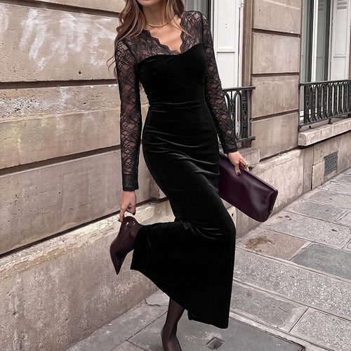 Damen Abendkleid mit transparenten Spitzenärmeln, Samtrock und Illusions‑Herzausschnitt Drune