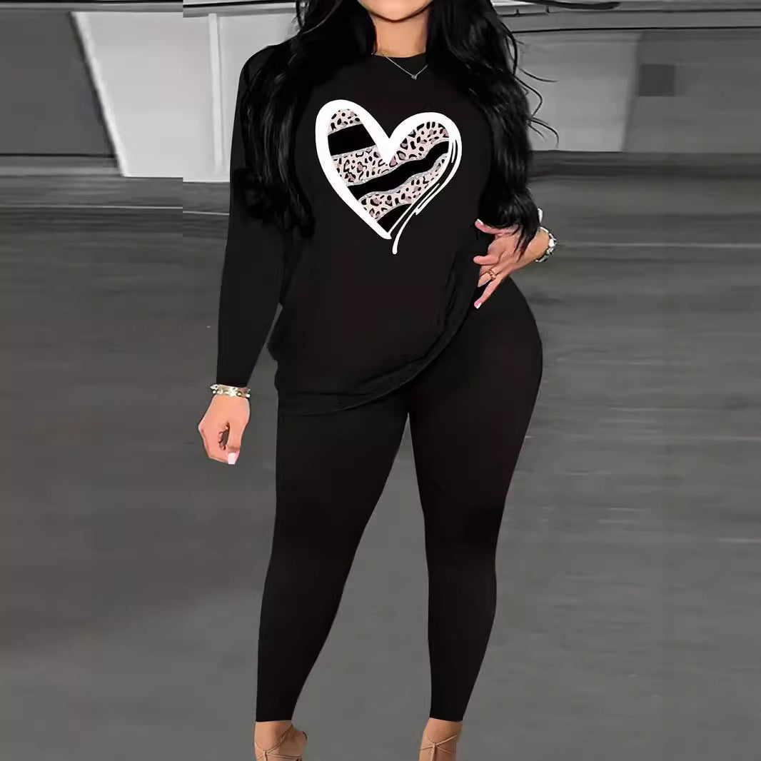 Damen Zweiteiler Lounge-Set mit Herz-Print Sweatshirt und High-Waist Leggings Drune