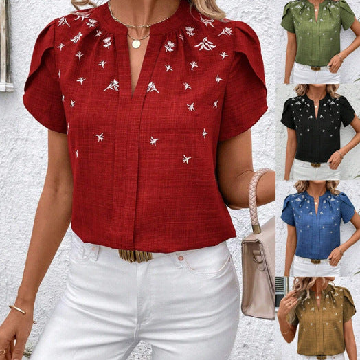 Damen Kurzbluse aus Leinenoptik mit Stehkragen, Zierfalte und floraler Stickerei Drune