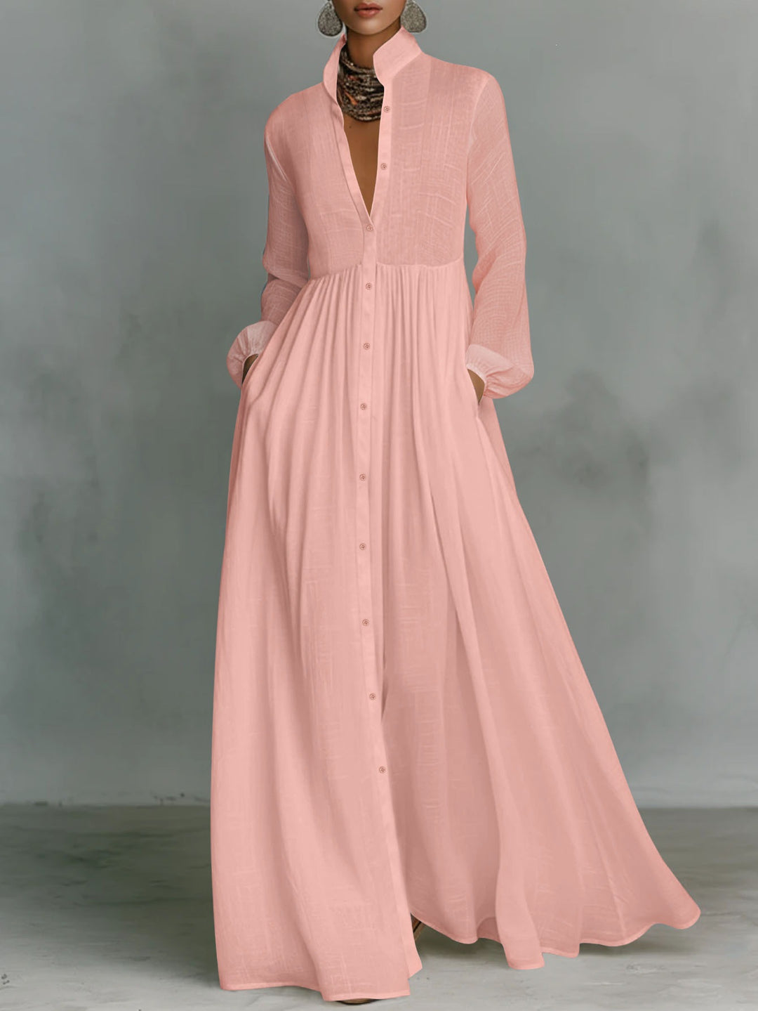 Damen Maxikleid mit Stehkragen, durchgehender Knopfleiste, taillenhoher Raffung und Eingrifftaschen Drune