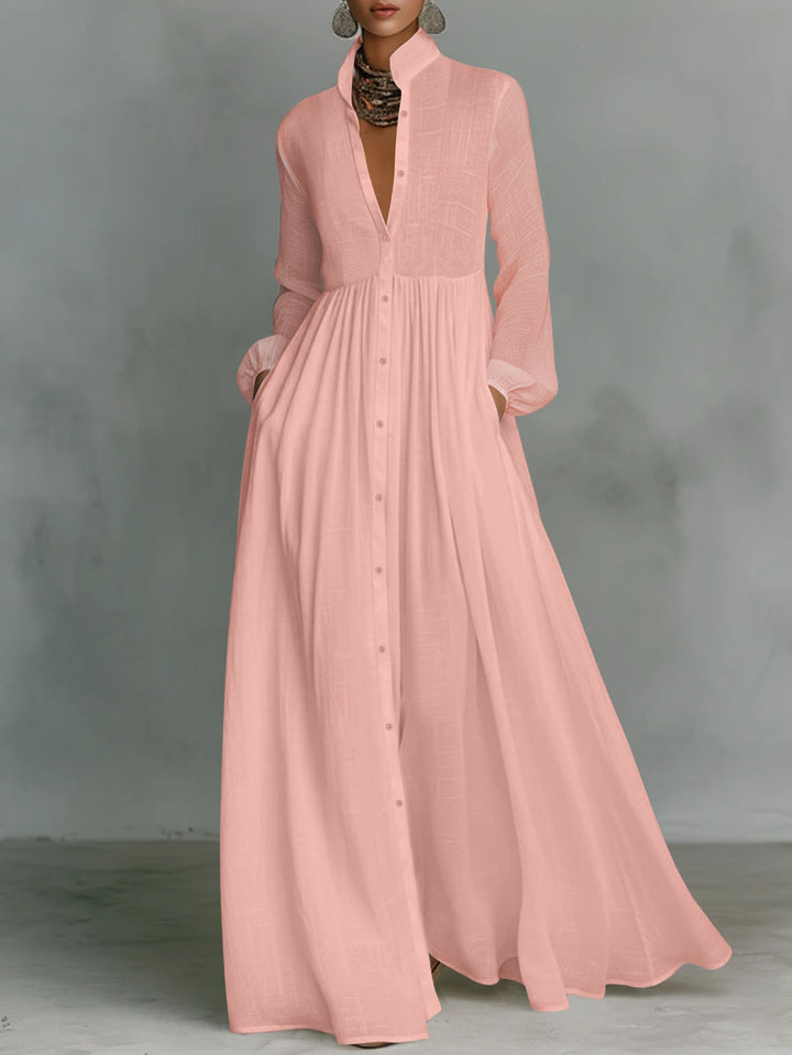 Damen Maxikleid mit Stehkragen, durchgehender Knopfleiste, taillenhoher Raffung und Eingrifftaschen Drune