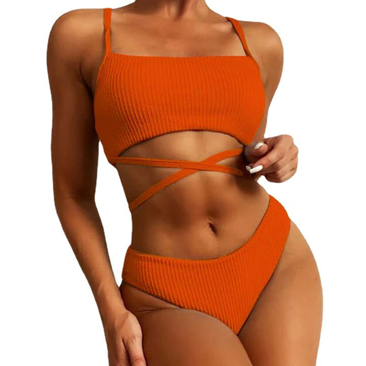 Damen Hochgeschnittener Ripp-Bikini mit Kreuzdetails Drune