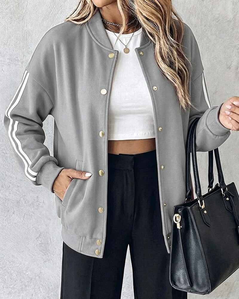 Damen Oversized Collegejacke mit Druckknopfleiste und kontrastierenden Streifenärmeln Drune