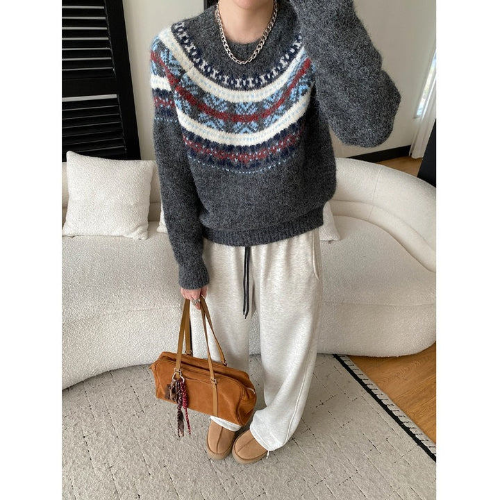 Damen Grobstrickpullover mit lebendigem Muster und weit geschnittenen Ärmeln Drune