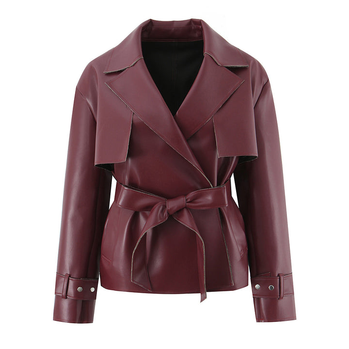 Damen Kurz geschnittener Kunstleder-Trenchcoat mit Taillengürtel Drune