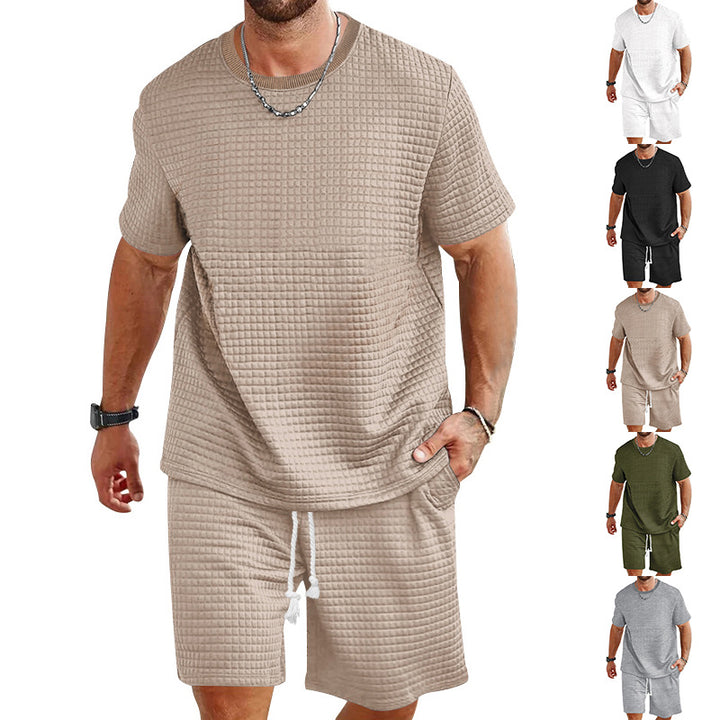 Herren nan Waffelstruktur Wohn- und Freizeit-Set mit weit geschnittenem Kurzarmshirt und kurzer Hose mit elastischem Bund Drune