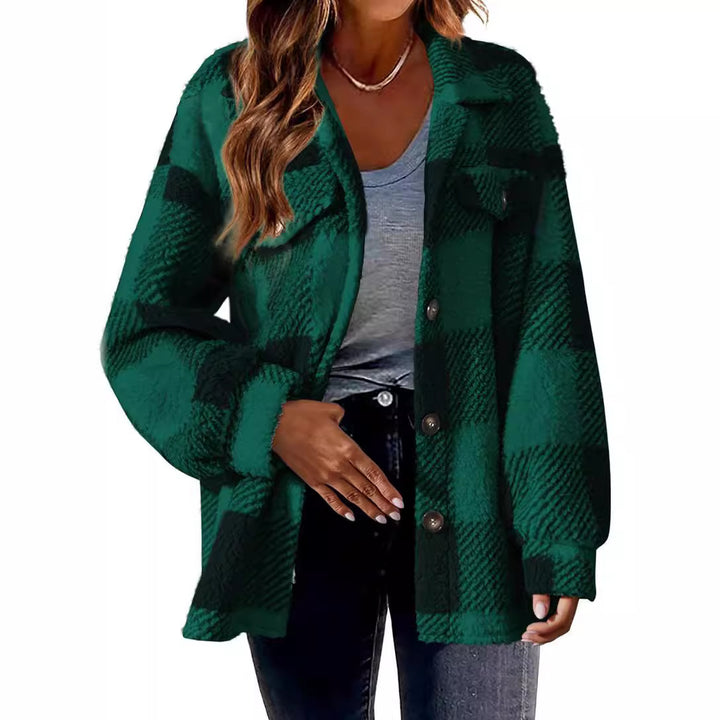 Damen Kuschelige Karodesign Jacke mit Knöpfen und Brusttasche Drune