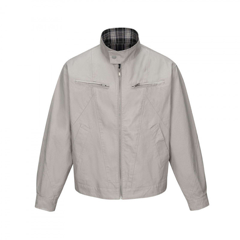 Herren Kurz geschnittene Canvas-Blousonjacke mit Stehkragen, Reißverschlusstaschen und kariertem Futter Drune
