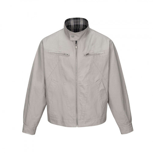 Herren Kurz geschnittene Canvas-Blousonjacke mit Stehkragen, Reißverschlusstaschen und kariertem Futter Drune