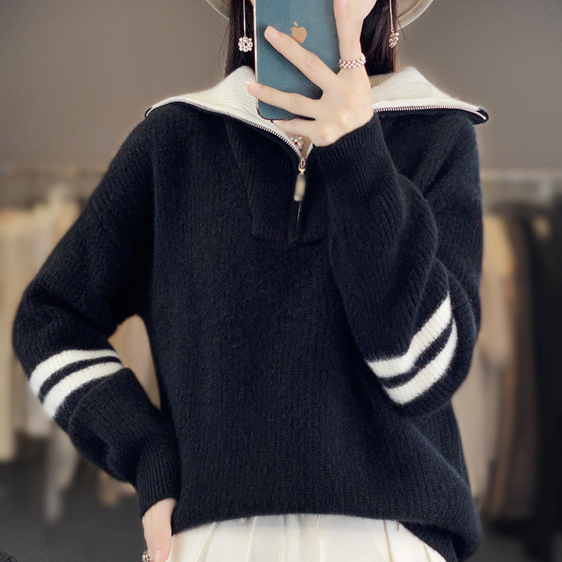 Damen Rippenstrick-Pullover mit halbem Reißverschluss, hohem Stehkragen und lässiger Passform Drune