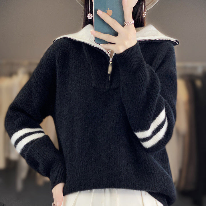 Damen Rippenstrick-Pullover mit halbem Reißverschluss, hohem Stehkragen und lässiger Passform Drune