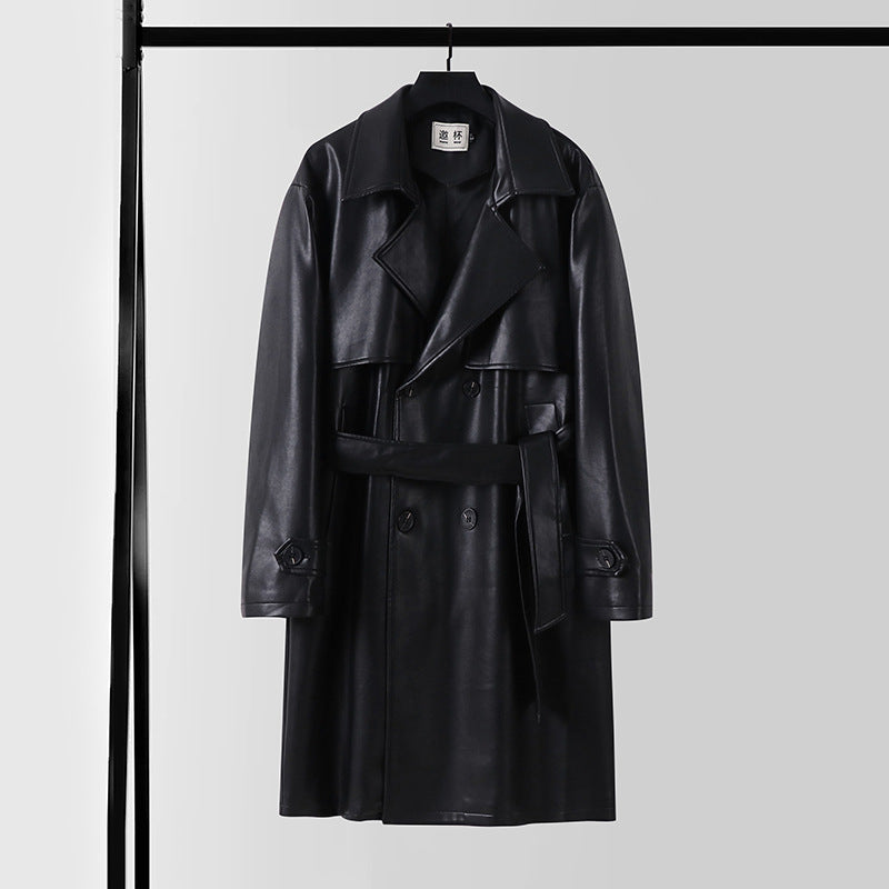 Herren Lederimitat-Trenchcoat mit Doppelreiher, Oversize-Schnitt und Manschettenriegel Drune