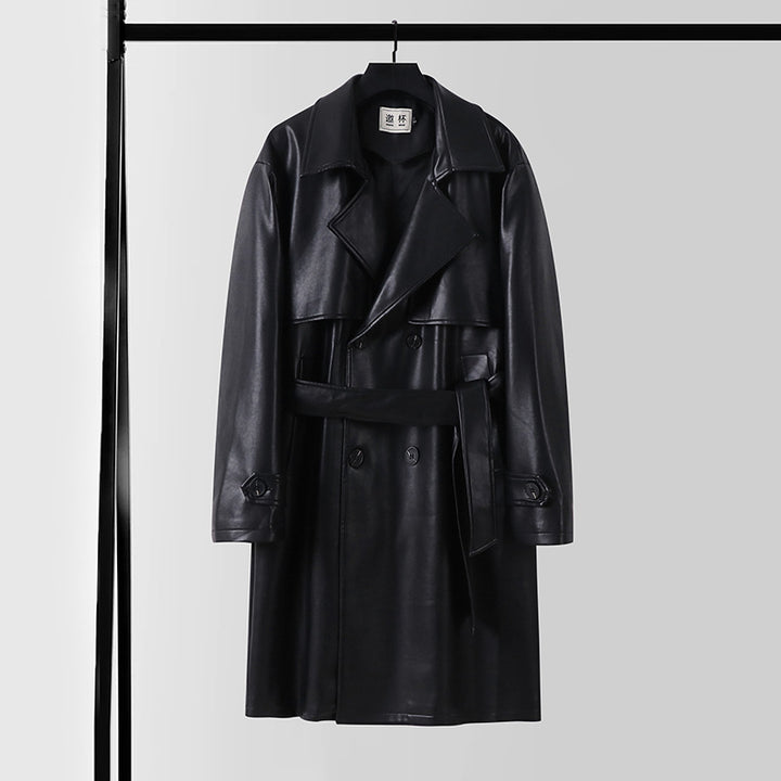 Herren Lederimitat-Trenchcoat mit Doppelreiher, Oversize-Schnitt und Manschettenriegel Drune