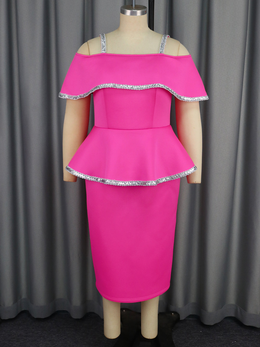 Damen Elegantes Cocktailkleid mit schulterfreiem Volant und funkelnden Akzenten Drune
