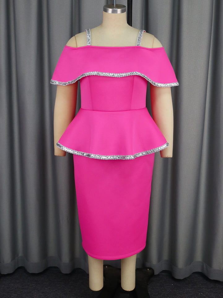 Damen Elegantes Cocktailkleid mit schulterfreiem Volant und funkelnden Akzenten Drune