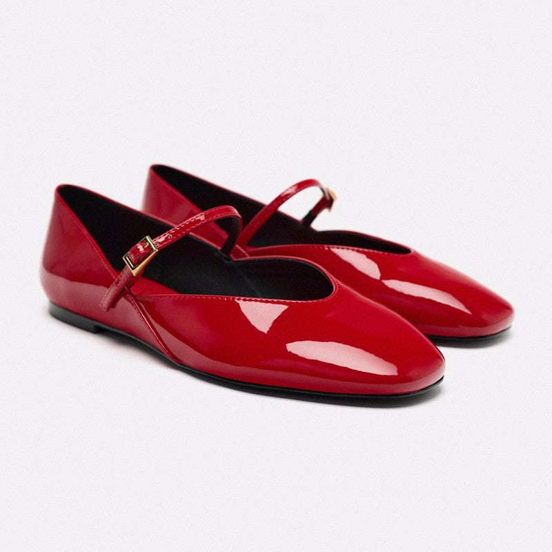 Damen nan elegante Lack-Mary-Jane-Ballerinas mit feiner Metallschnalle und spitzer Vorderkappe Drune