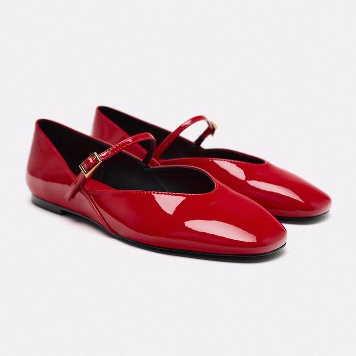 Damen nan elegante Lack-Mary-Jane-Ballerinas mit feiner Metallschnalle und spitzer Vorderkappe Drune