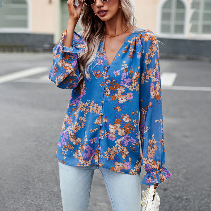 Damen nan Chiffon-Bluse mit floralem Alloverprint, V-Ausschnitt, Knopfleiste und gebundenen Manschetten Drune
