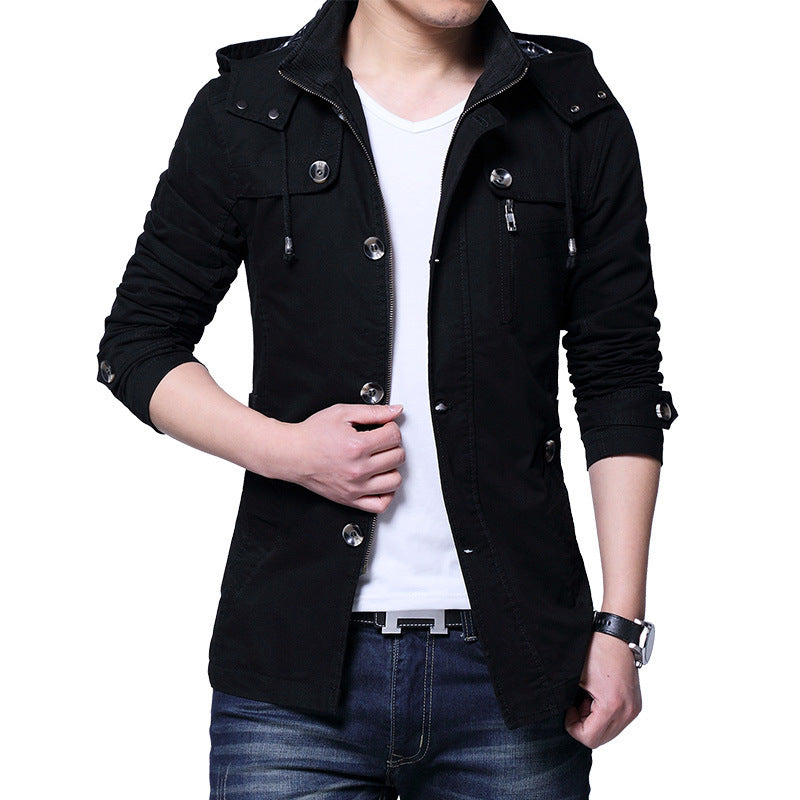 Herren leichte Baumwoll-Fieldjacke mit Kapuze, zweifachem Verschluss und Rollärmel Drune