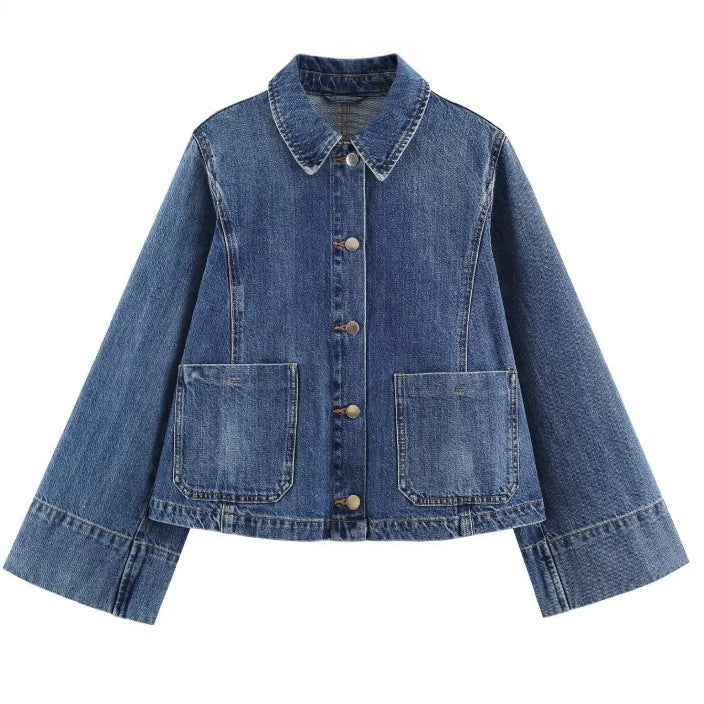 Damen Kurzer Boxy-Jeansblouson mit oversized Manschetten und aufgesetzten Taschen Drune