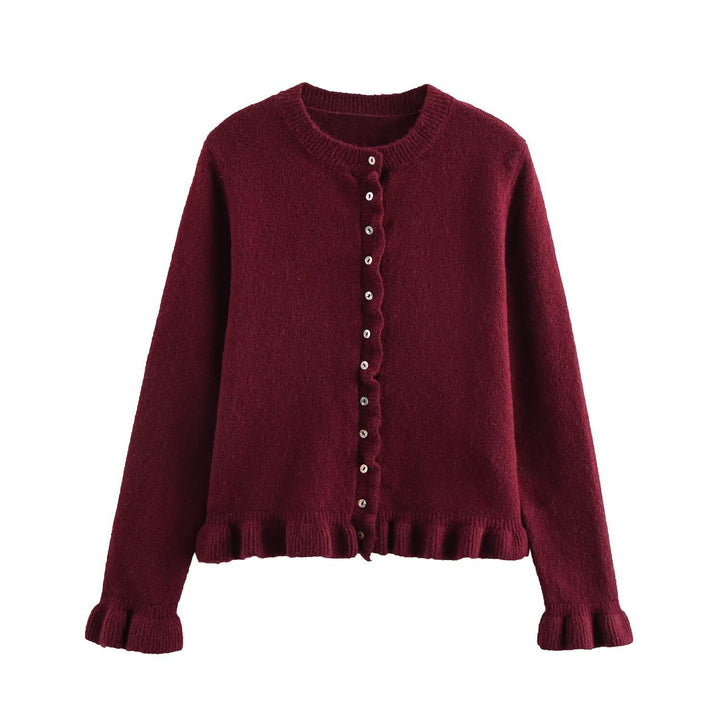 Damen Strickjacke mit dekorativem Rüschensaum und Knopfverschluss Drune