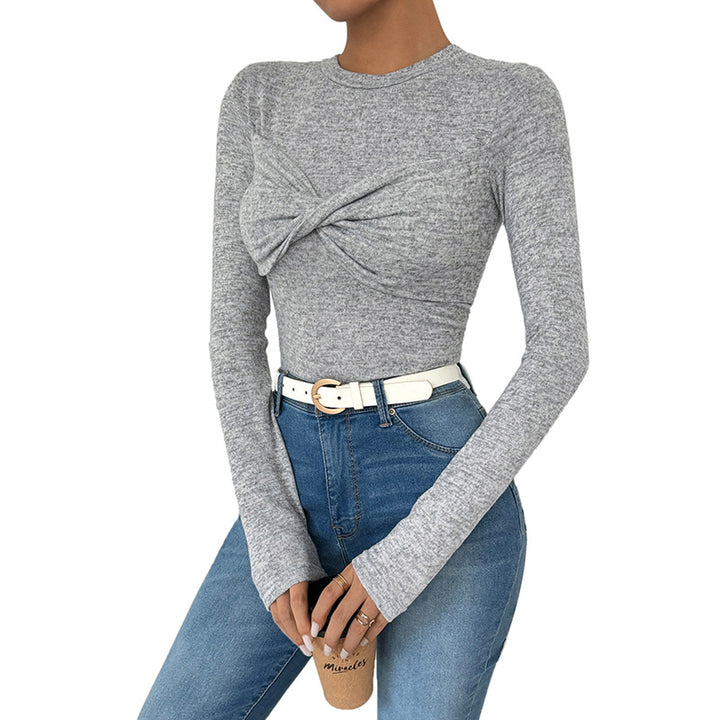 Damen Enganliegendes Langarm-Rippshirt mit Frontknoten und Rundhalsausschnitt Drune