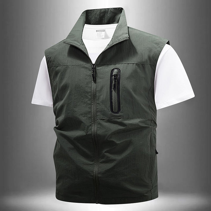 [Herren Leichte technische Utility-Weste mit hohem Stehkragen, wasserabweisenden Reißverschlusstaschen und Brustzip-Tasche] Drune